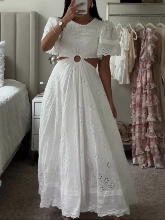 Elegant White Eyelet Cutout Midi Dress - Picture 1 of 2